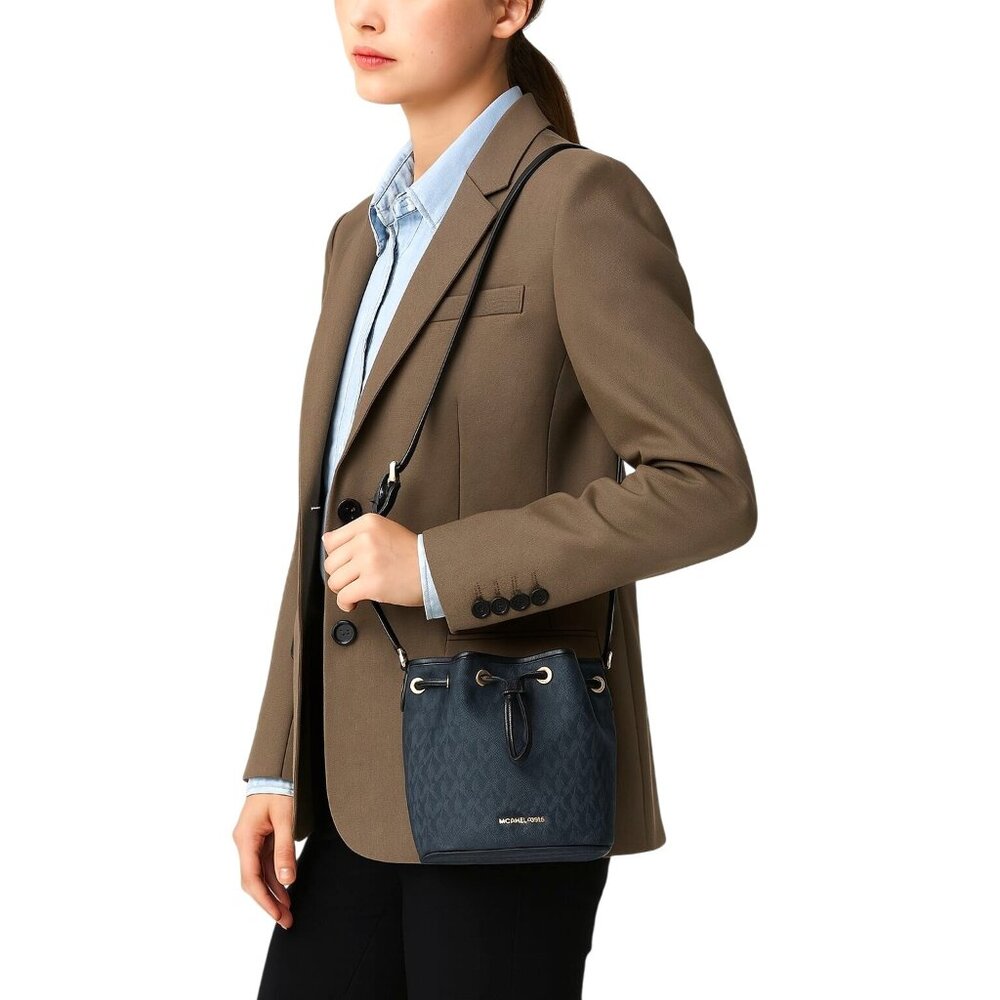Michael Kors MK Signature Blue Bucket Bag Designer Logo Tote Gold Hardware - Picture 3 of 13
